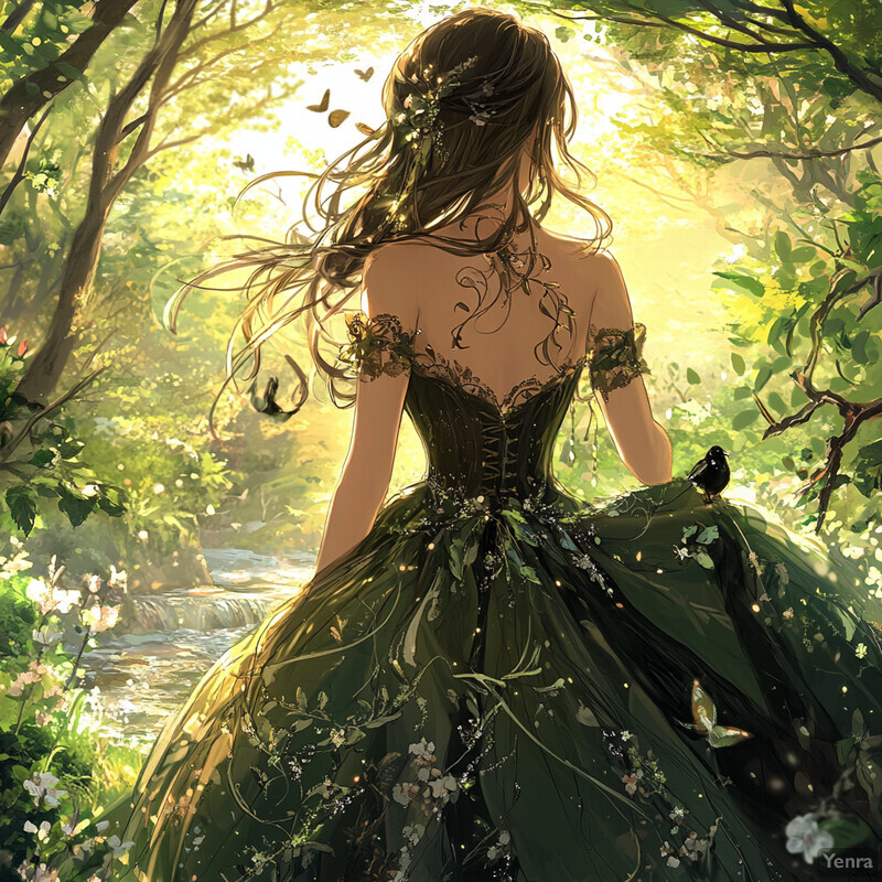 A serene forest scene featuring a woman in a dark green dress standing near a waterfall.