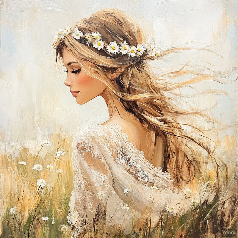 A serene and idyllic painting of a woman with long blonde hair standing amidst a field of wildflowers