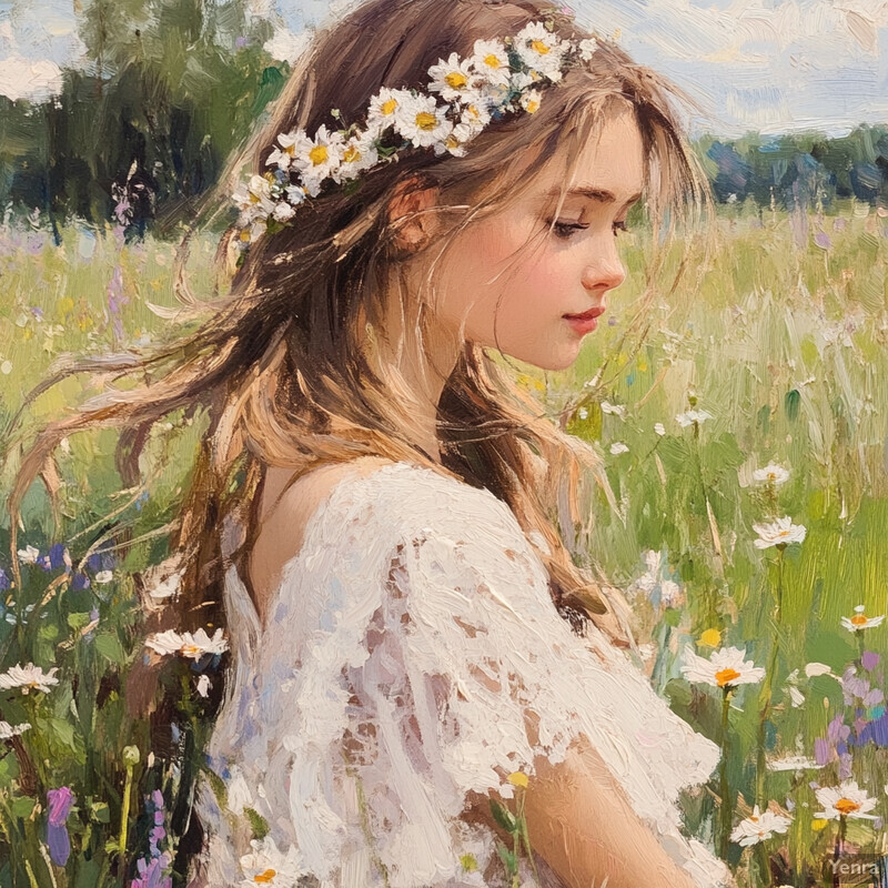 A serene and idyllic scene of a young woman standing in a field of wildflowers, surrounded by nature's beauty.