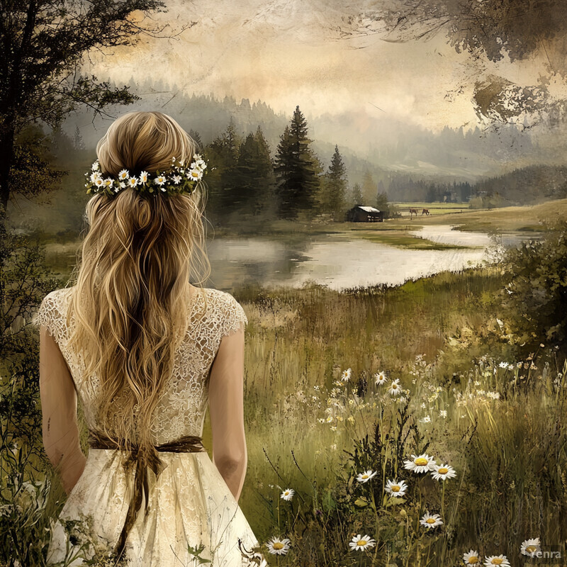 A serene scene of a woman standing in front of a lake, surrounded by trees and flowers.