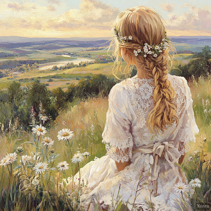 A young girl sits in a field of wildflowers, surrounded by nature's beauty.