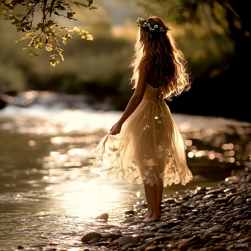 A serene and idyllic scene of a woman standing by a riverbank, surrounded by lush greenery.