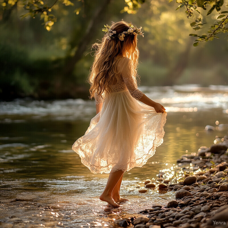 A young girl stands in a river, surrounded by lush greenery, lost in thought.