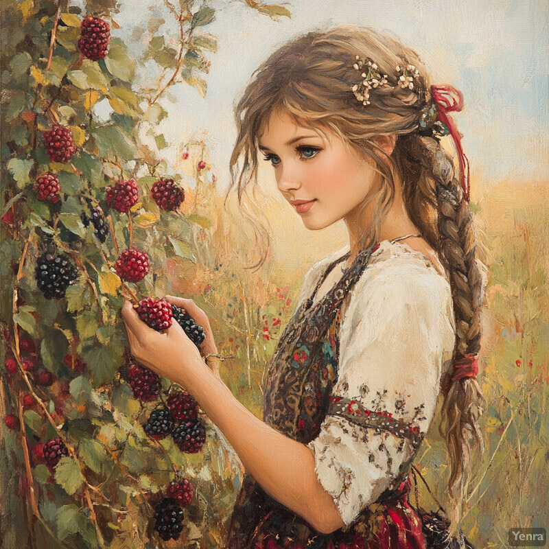 A young woman in traditional folk costume picking blackberries in a meadow