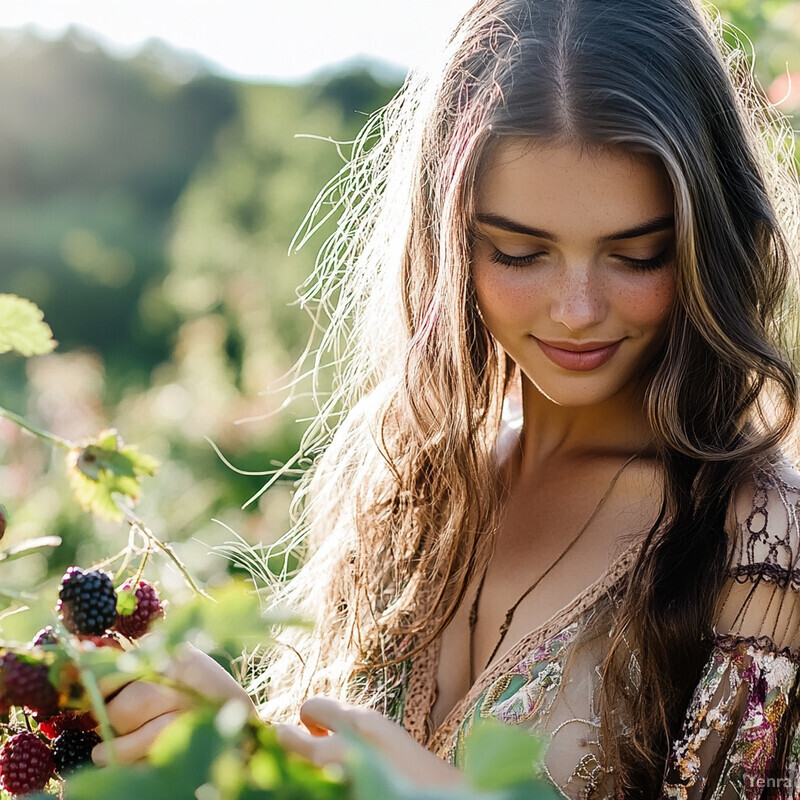 A young woman enjoying blackberries in a natural setting