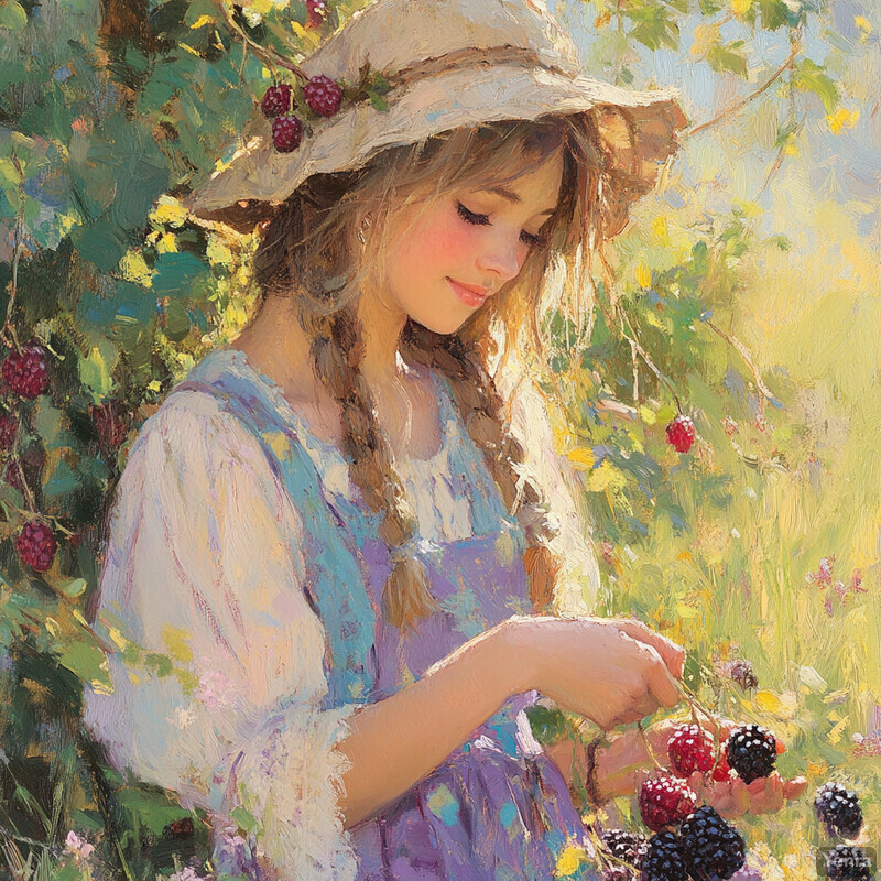 A young girl standing in a meadow surrounded by wildflowers and trees, holding a basket of berries.