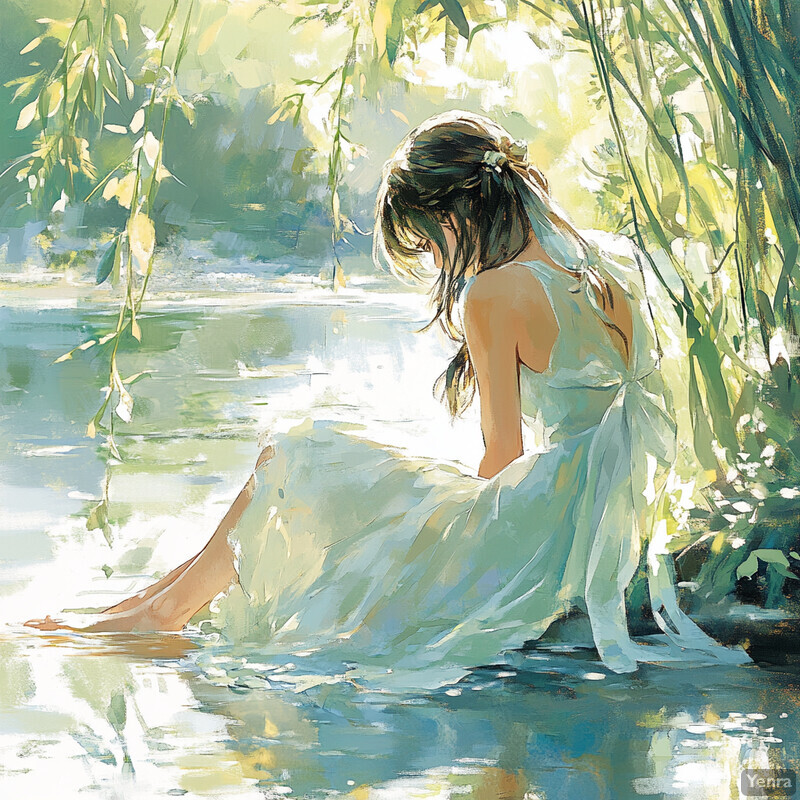 A serene painting of a woman sitting by a riverbank, surrounded by lush greenery.