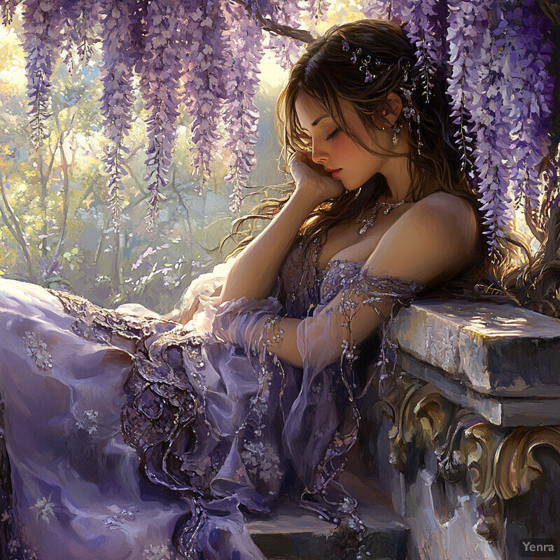 A young woman sits under a wisteria tree, surrounded by purple flowers and green leaves, lost in thought and connected to nature.