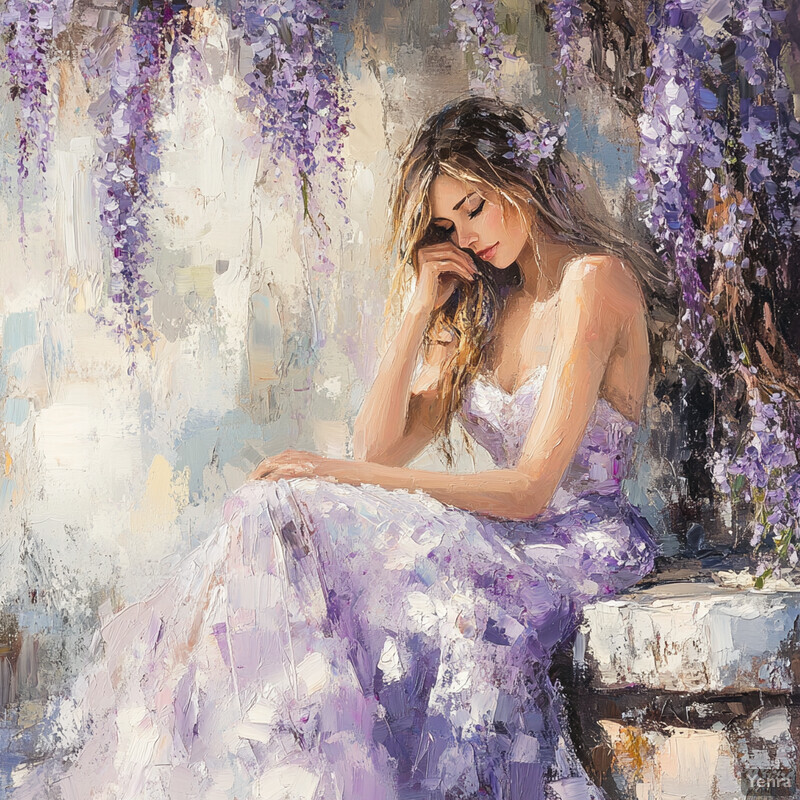 A woman sits on a bench surrounded by wisteria flowers, lost in thought.