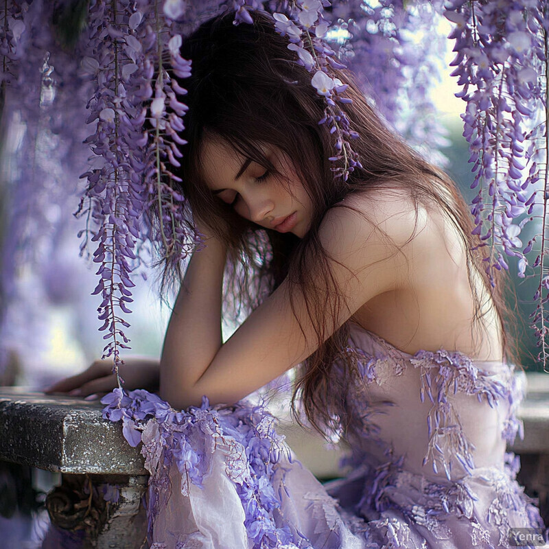 A woman surrounded by wisteria flowers, leaning against a wooden fence or gate.