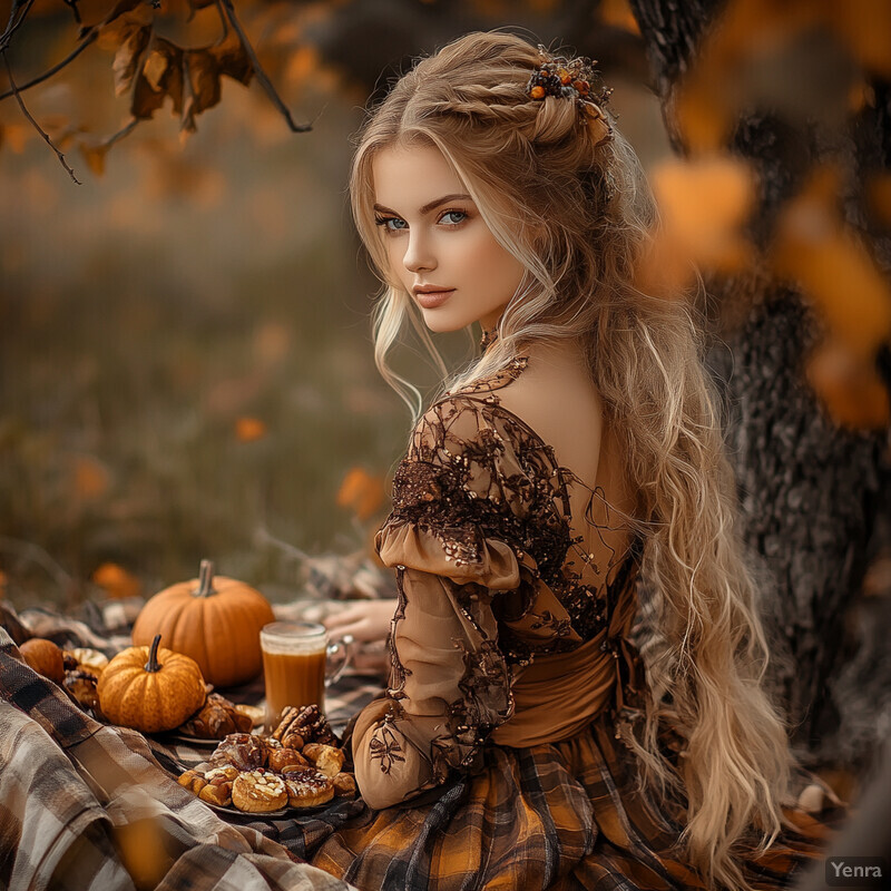 A young woman enjoys an autumnal picnic in the outdoors.