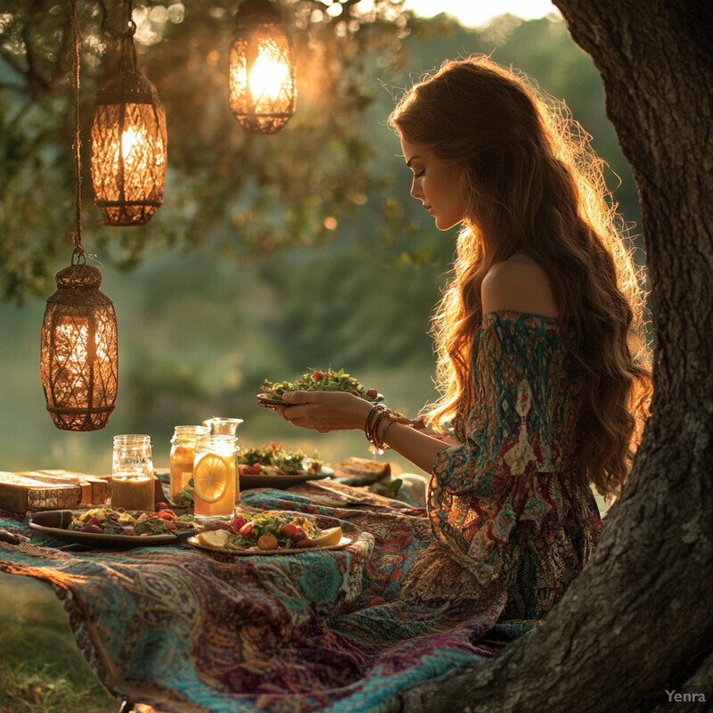 A woman enjoys a picnic in a serene meadow setting