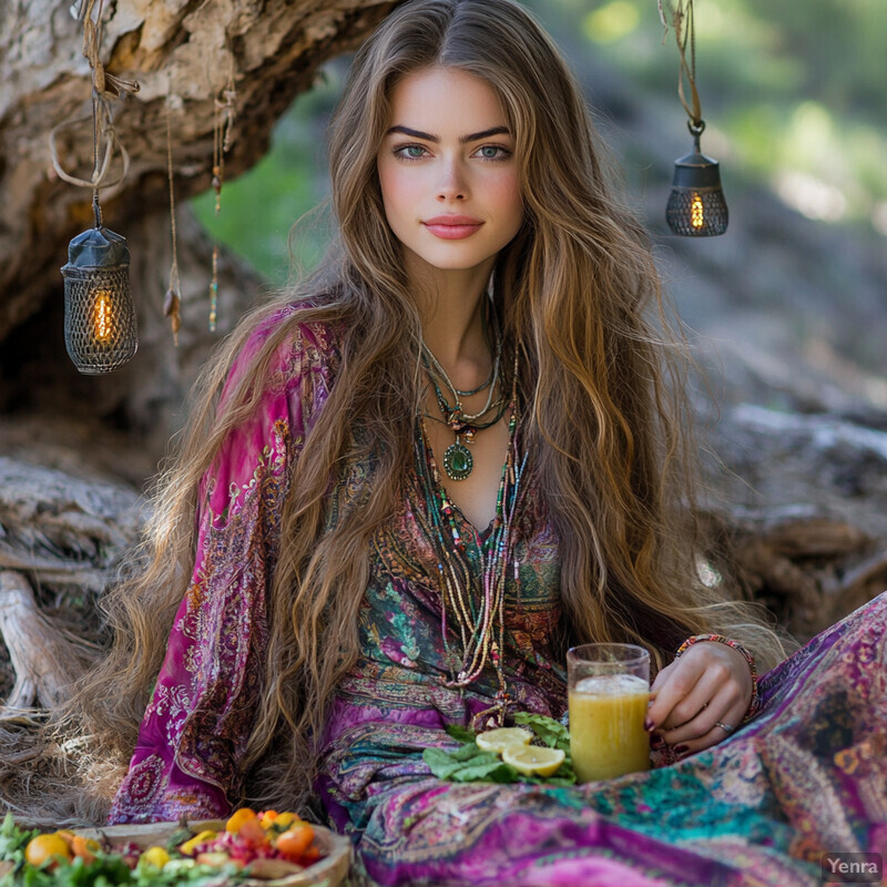 A young woman sits at a table surrounded by nature, enjoying an assortment of colorful fruits.