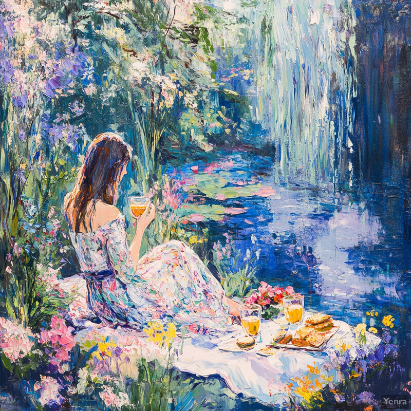 A serene painting of a woman in a botanical garden, surrounded by vibrant flowers and foliage.