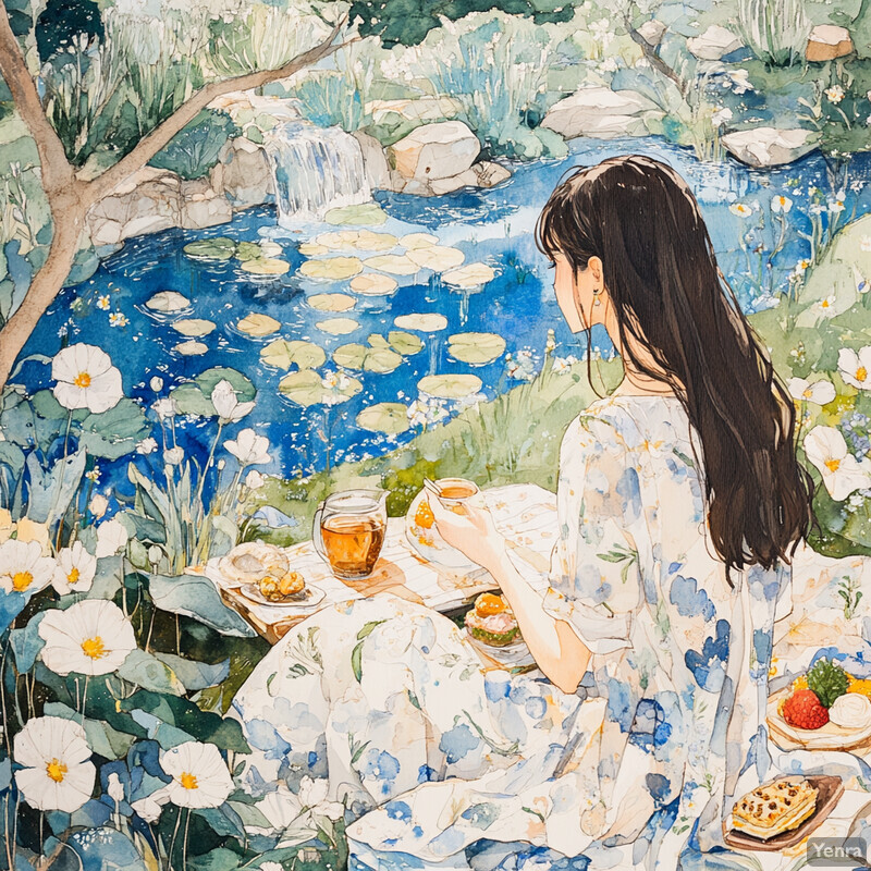 A serene botanical garden scene featuring a woman enjoying a picnic