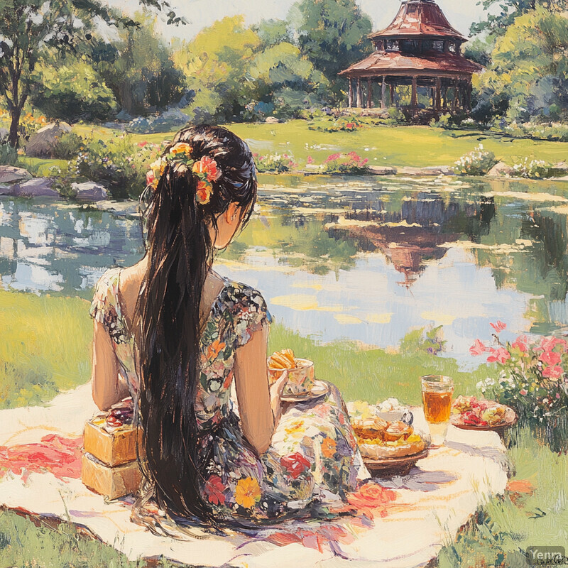 A woman enjoys a picnic in a botanical garden