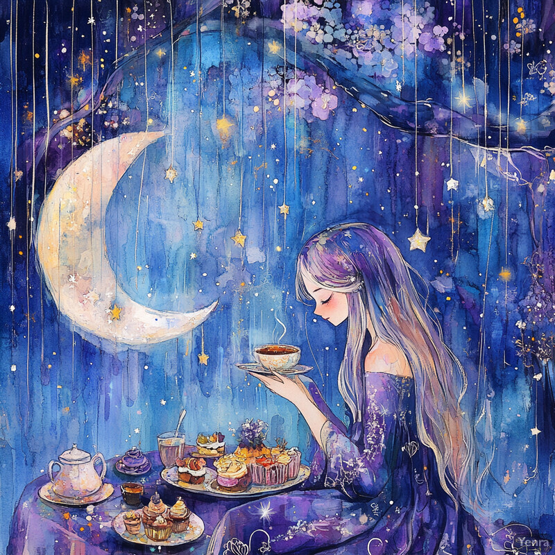 A woman enjoys a celestial garden picnic under the starry night sky.