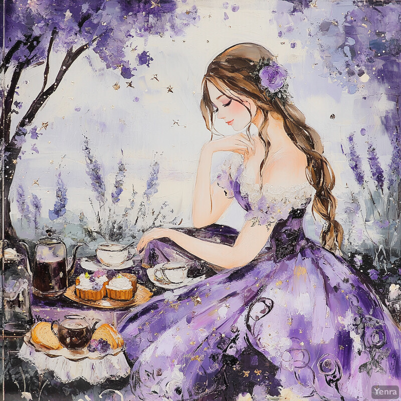 A serene and idyllic scene of a woman enjoying a picnic in a celestial garden