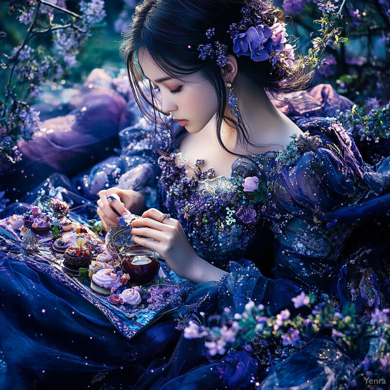 A woman enjoys a picnic in a celestial garden, surrounded by lush greenery and vibrant flowers, with a beautifully arranged tray of pastries resembling celestial bodies.