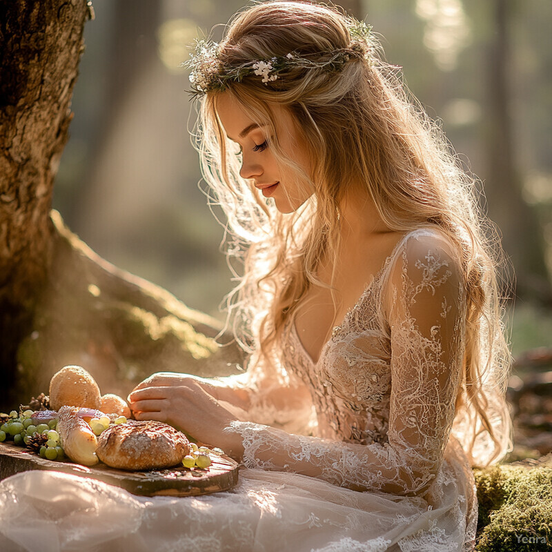 A young woman enjoys a picnic in a forest clearing, surrounded by lush greenery and dappled sunlight.