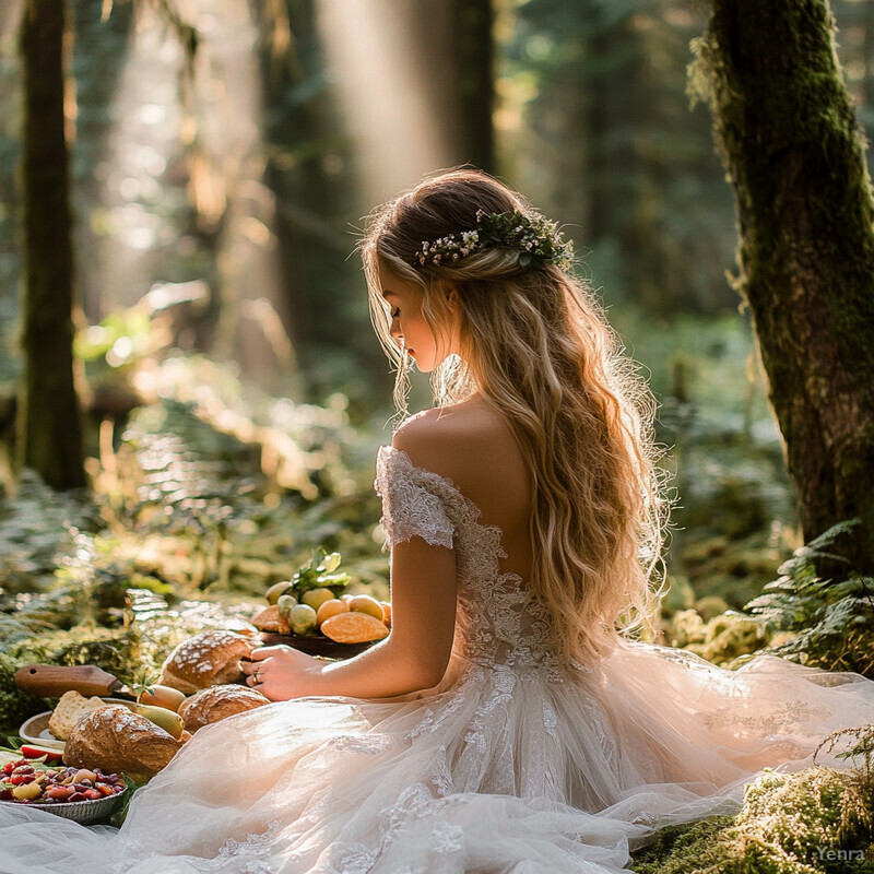 A serene and idyllic scene of a woman in a wedding dress sitting on the forest floor amidst an array of food and drinks