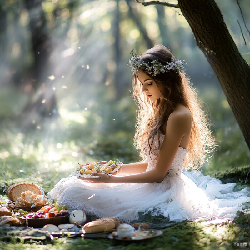 A serene scene of a woman in a white wedding dress surrounded by food and drinks in a lush forest setting.