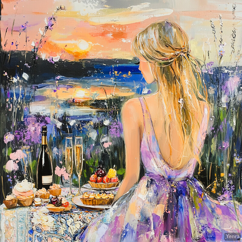 A serene picnic at sunset with champagne and pastries