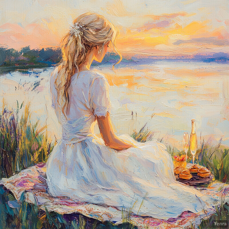 A serene sunset picnic scene with a woman enjoying champagne and pastries by the water's edge