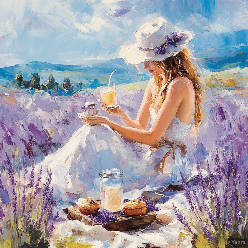 A woman enjoys a picnic in a field of lavender