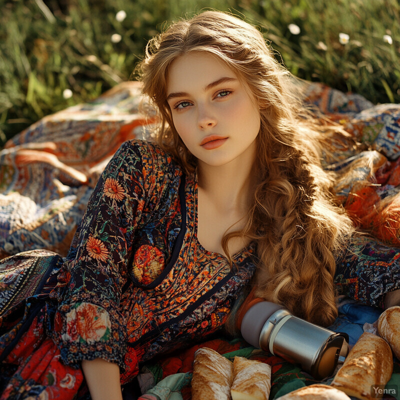 A young woman with long blonde hair sits on a blanket in a field of flowers, wearing a floral dress and gazing at the camera.