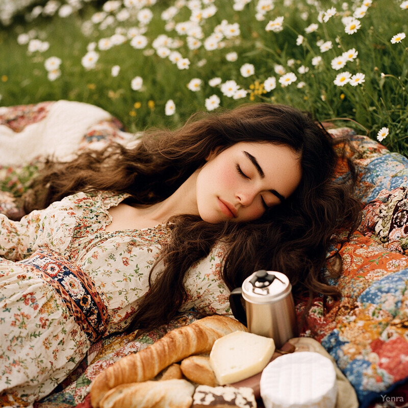 A woman sleeps on a blanket in a field of wildflowers, surrounded by food and drinks.