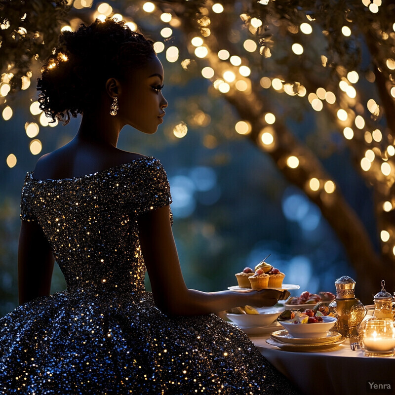 A woman in a sparkly dress stands at a table set for a formal dinner party under twinkling lights.