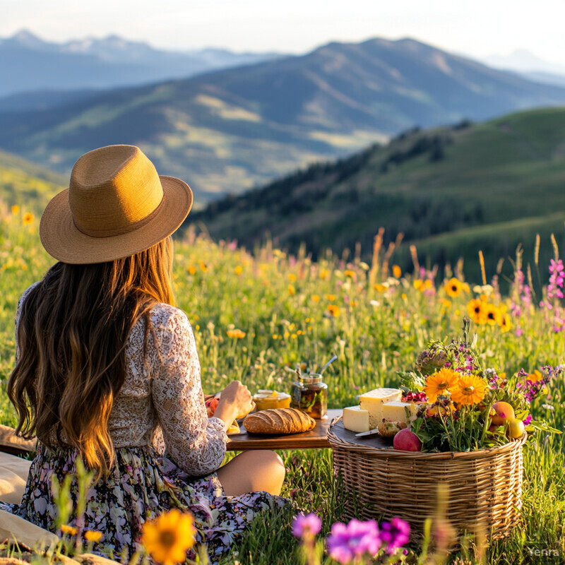 A woman enjoys a picnic in a beautiful outdoor setting surrounded by wildflowers and mountains.