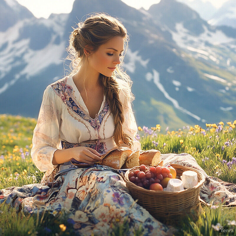 A serene picnic scene in a mountain meadow with snow-capped peaks