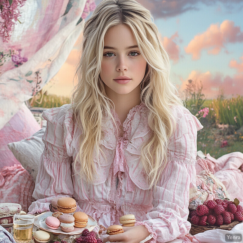 A young girl enjoys macarons in an outdoor setting