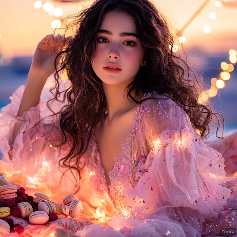 A young woman reclines on a blanket surrounded by pastel-colored macarons, strawberries, and twinkling string lights.