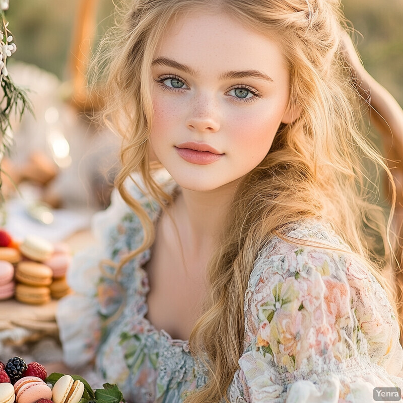 A young woman with long blonde hair and blue eyes, wearing a white dress with pastel-colored flowers, holding a bouquet of pink roses and baby's breath in an outdoor setting.