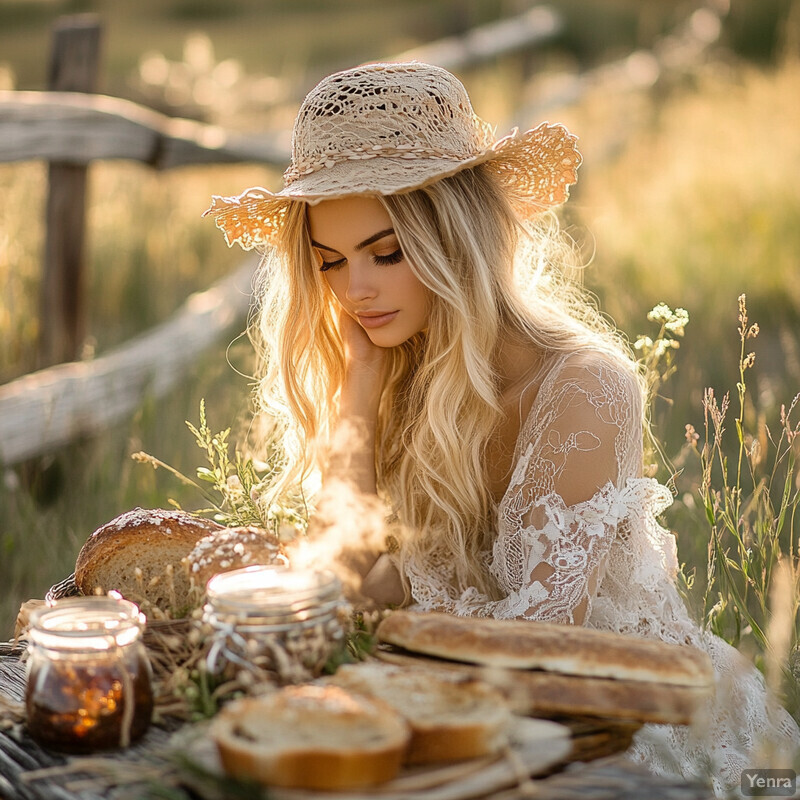 A woman enjoys a picnic in a picturesque field, surrounded by an assortment of food and drinks.