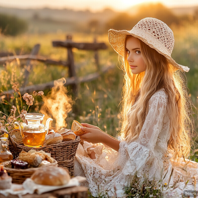 A young woman enjoys a picnic in a field at sunset