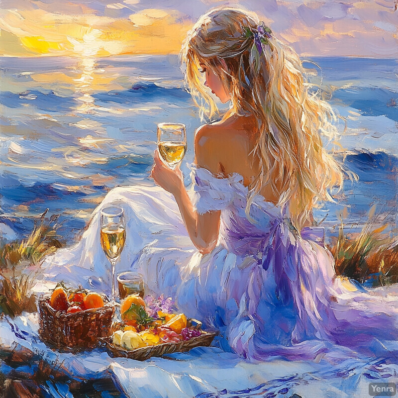 A woman enjoys a romantic seaside picnic, surrounded by fruit and champagne.