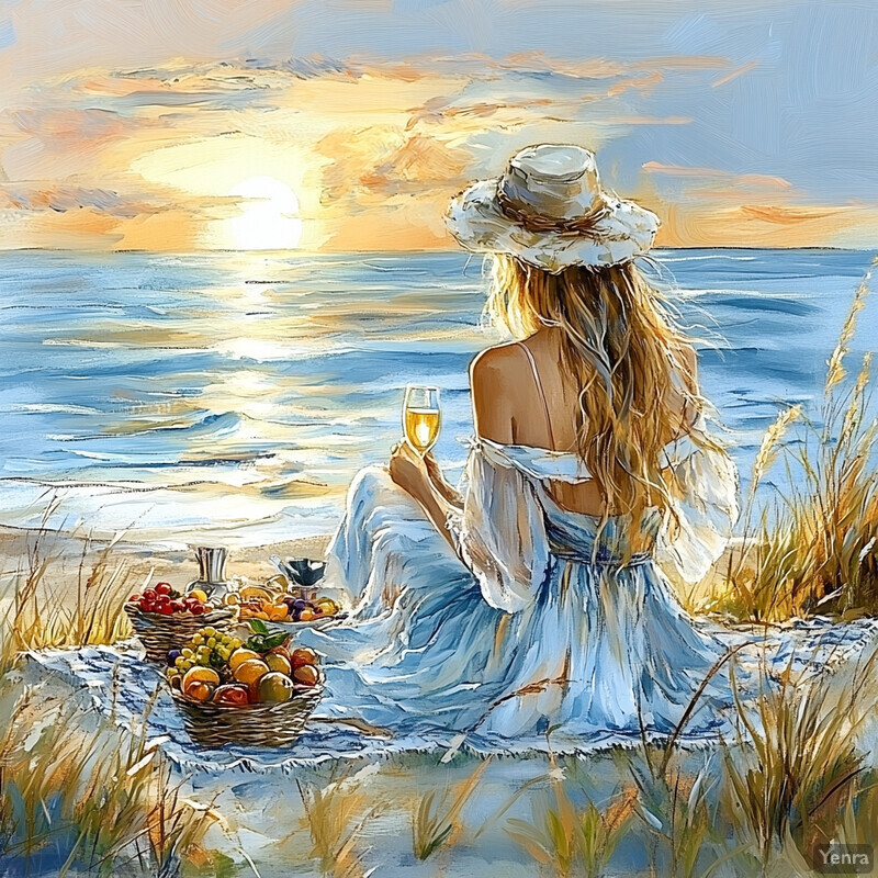 Seaside picnic scene with a woman enjoying champagne and fruit