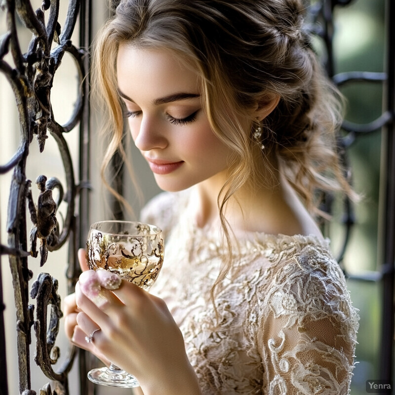 Young woman in cream-colored lace dress holding a wine glass