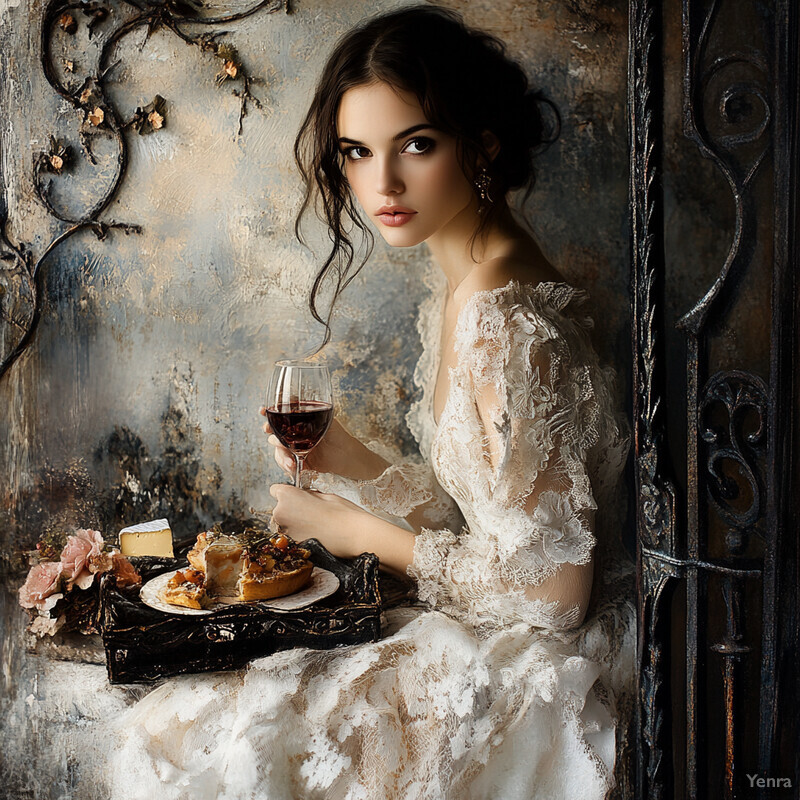 Woman in white lace dress enjoying red wine and food