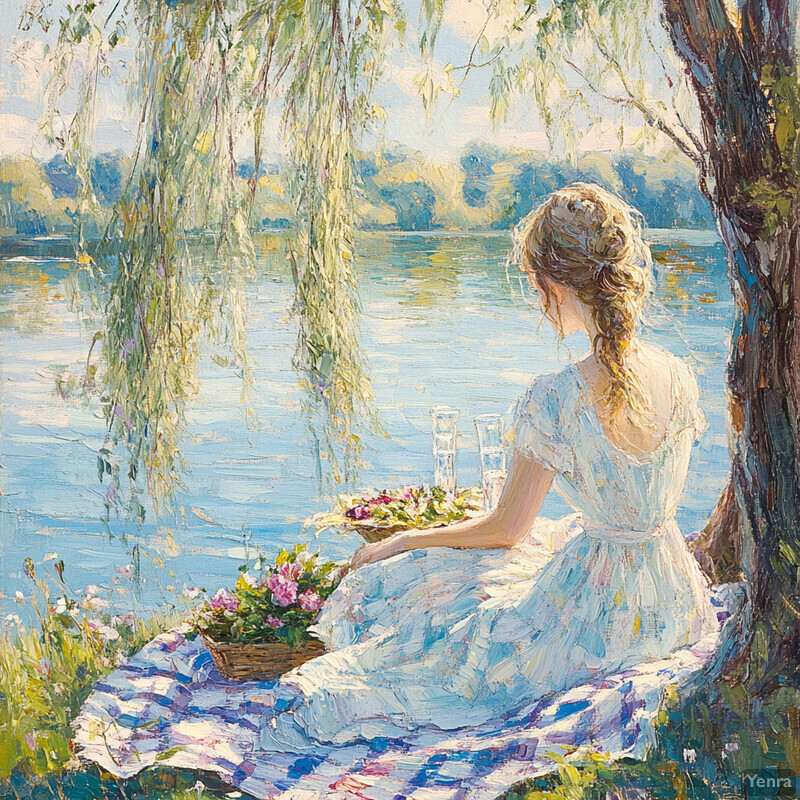 A woman enjoys a peaceful lakeside picnic under a willow tree, surrounded by flowers and glasses of water or juice.