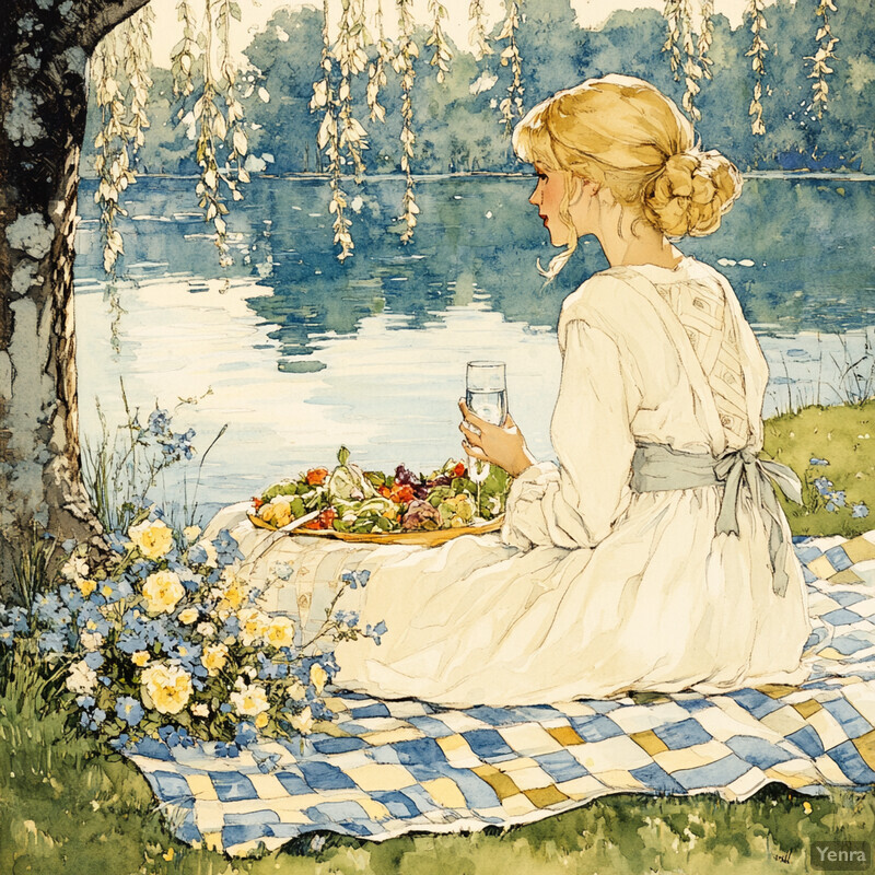 A serene lakeside picnic scene with a woman enjoying food and drink on a checkered blanket.