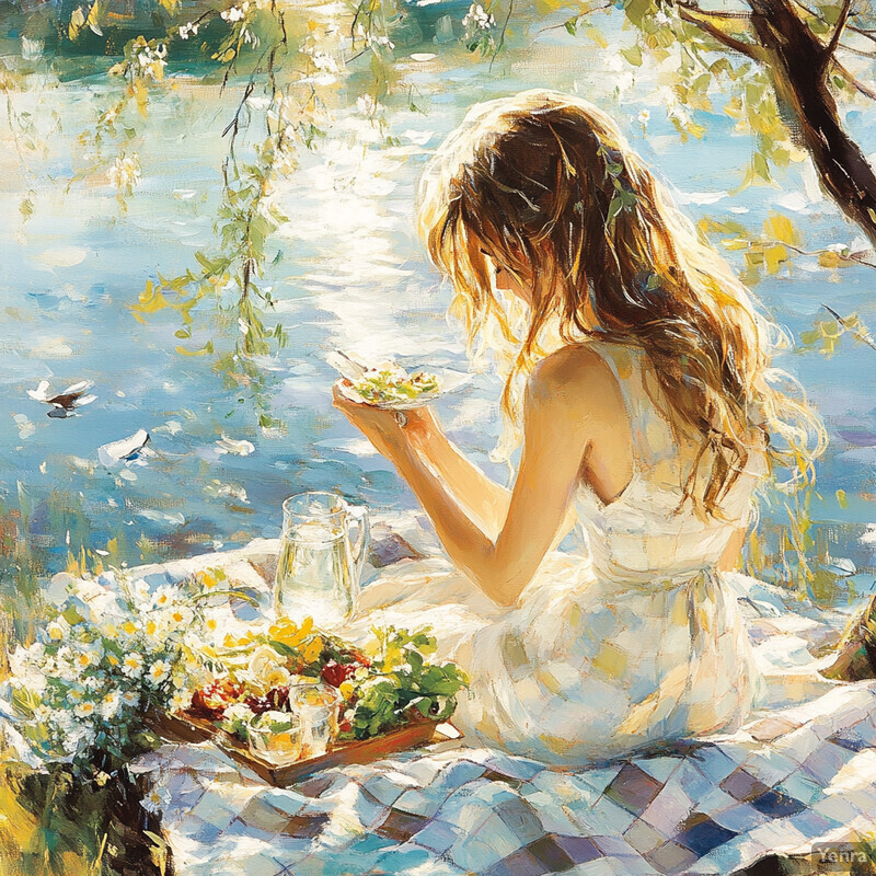 A serene lakeside picnic scene with a woman enjoying fresh greens and other treats on a checkered blanket surrounded by lush greenery and vibrant flowers