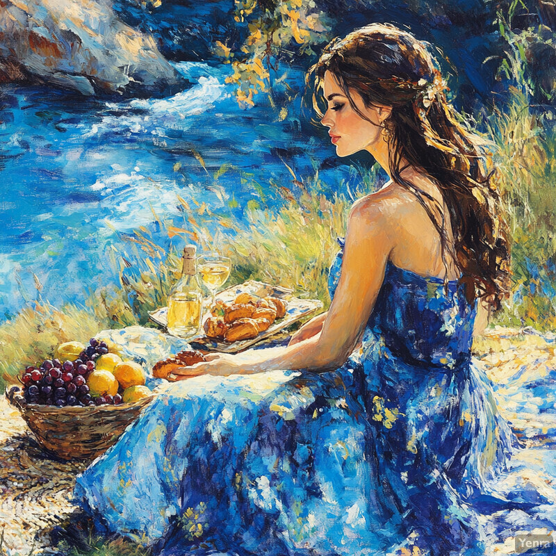 A woman enjoys a picnic by the water, surrounded by nature's beauty