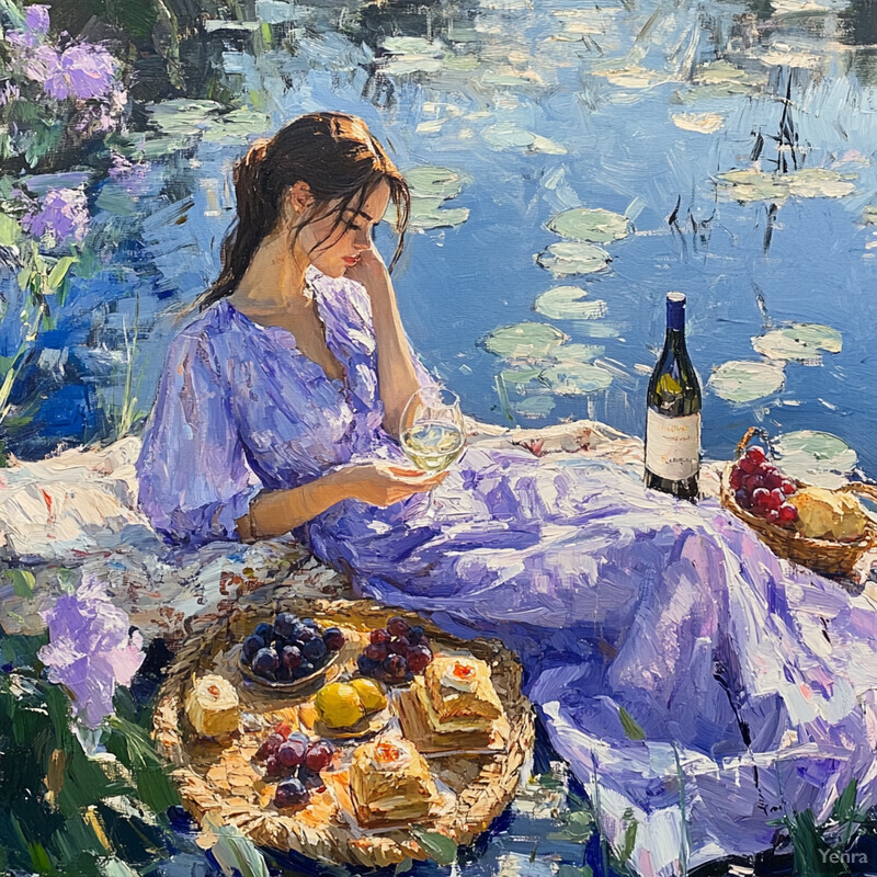 A serene summer evening scene with a woman surrounded by lush greenery and vibrant flowers, enjoying wine and gazing out at a tranquil lake.