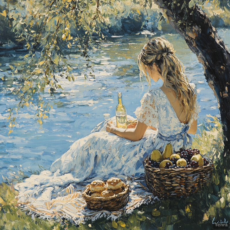 A woman enjoys a picnic by the river on a sunny summer day.