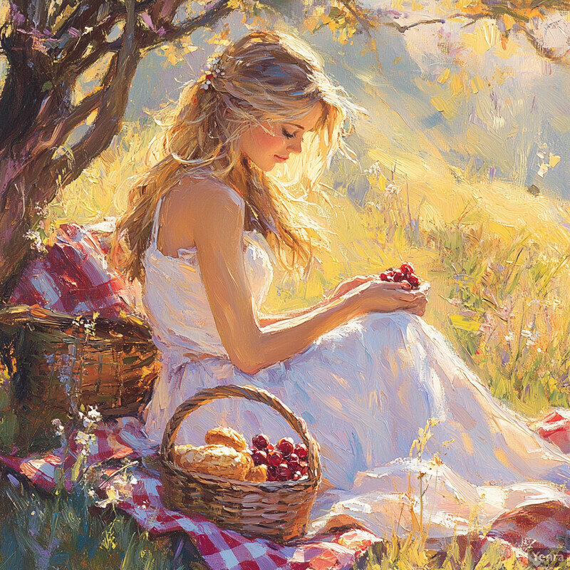 A serene painting of a woman sitting under a tree in a lush field, surrounded by nature's beauty.